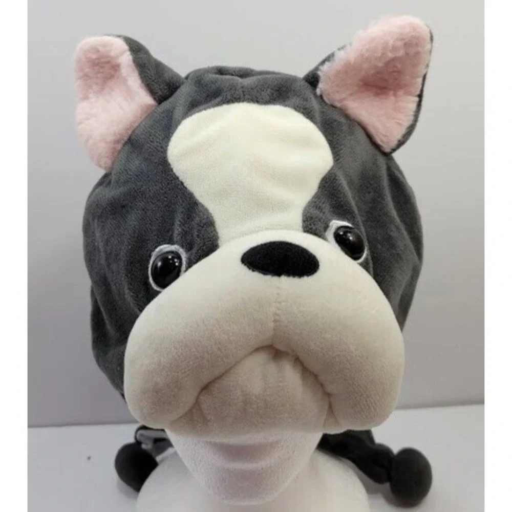Cute Bulldog Head Beanie Winter hat with chinstrap